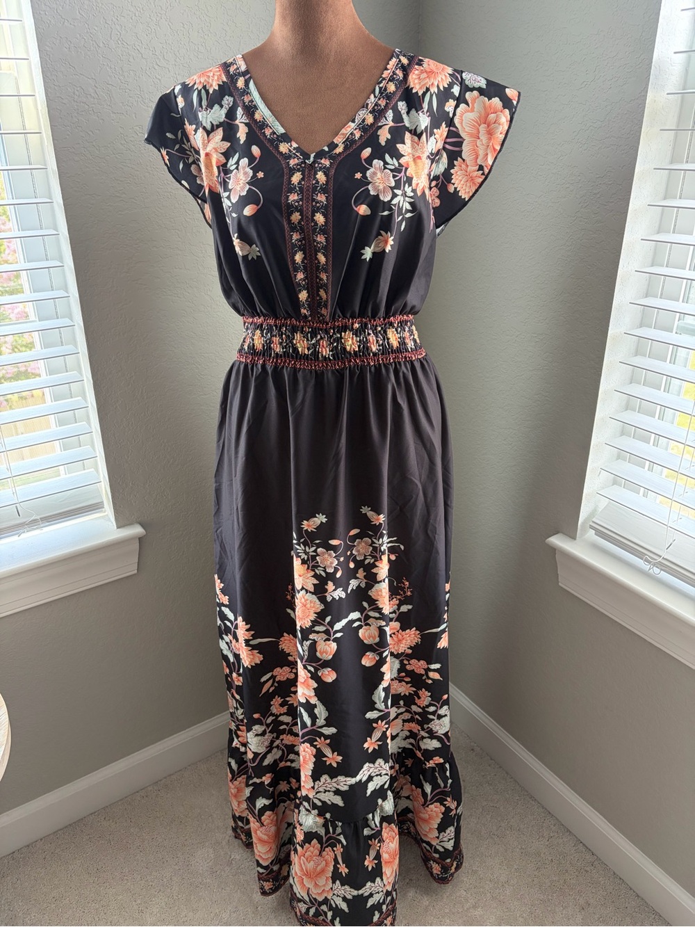 SHEIN Black Maxi Dress with Peach & Cream Floral Print